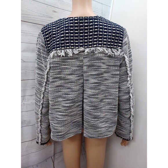 Chicos Sz 1 (M) Black Ivory Open Front Cardigan Jacket Fringed - Picture 6 of 12